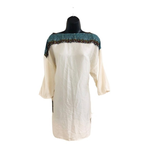 Zara ivory multicolor masai pattern look mid sleeve tunic style shirt dress sz M - Picture 5 of 17